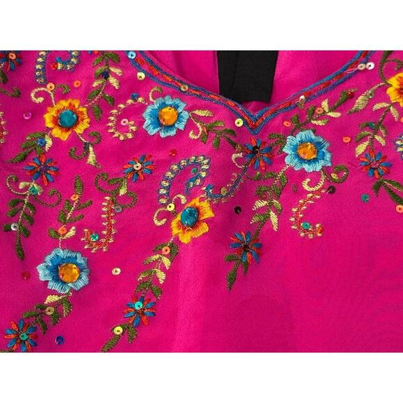 Indian Rhinestone Embroidered Silky Pink Kurta Blouse Pants Set Kids Size 22 2T - Picture 8 of 9